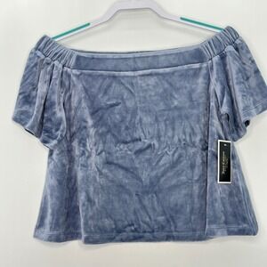 Juicy Couture Black Label Velour off-shoulder Flowy Crop Top Dusty Navy Small